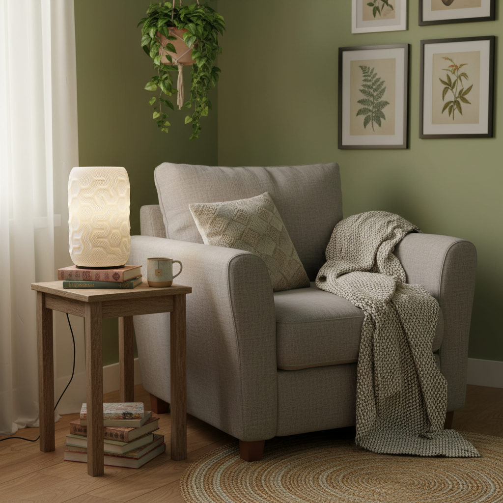 Cozy living room with a gray armchair, side table, and decorative elements.