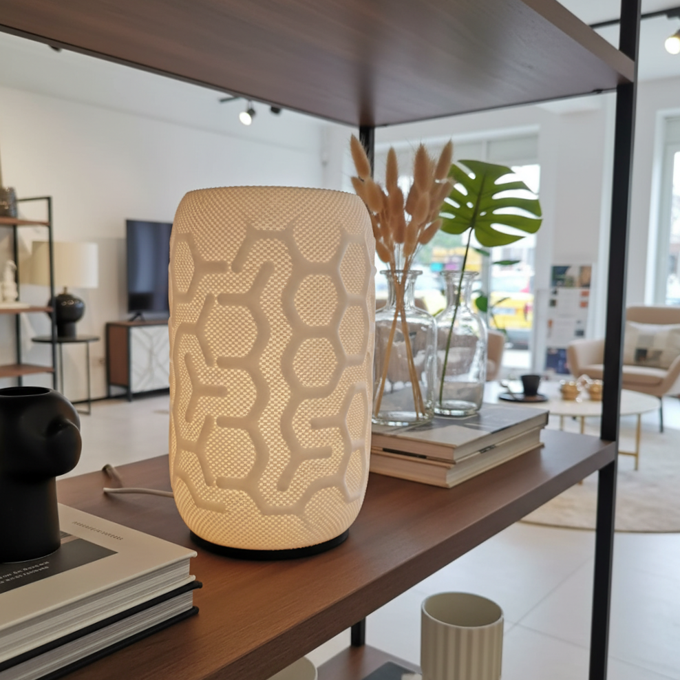 Decorative lamp on a wooden shelf in a modern living room