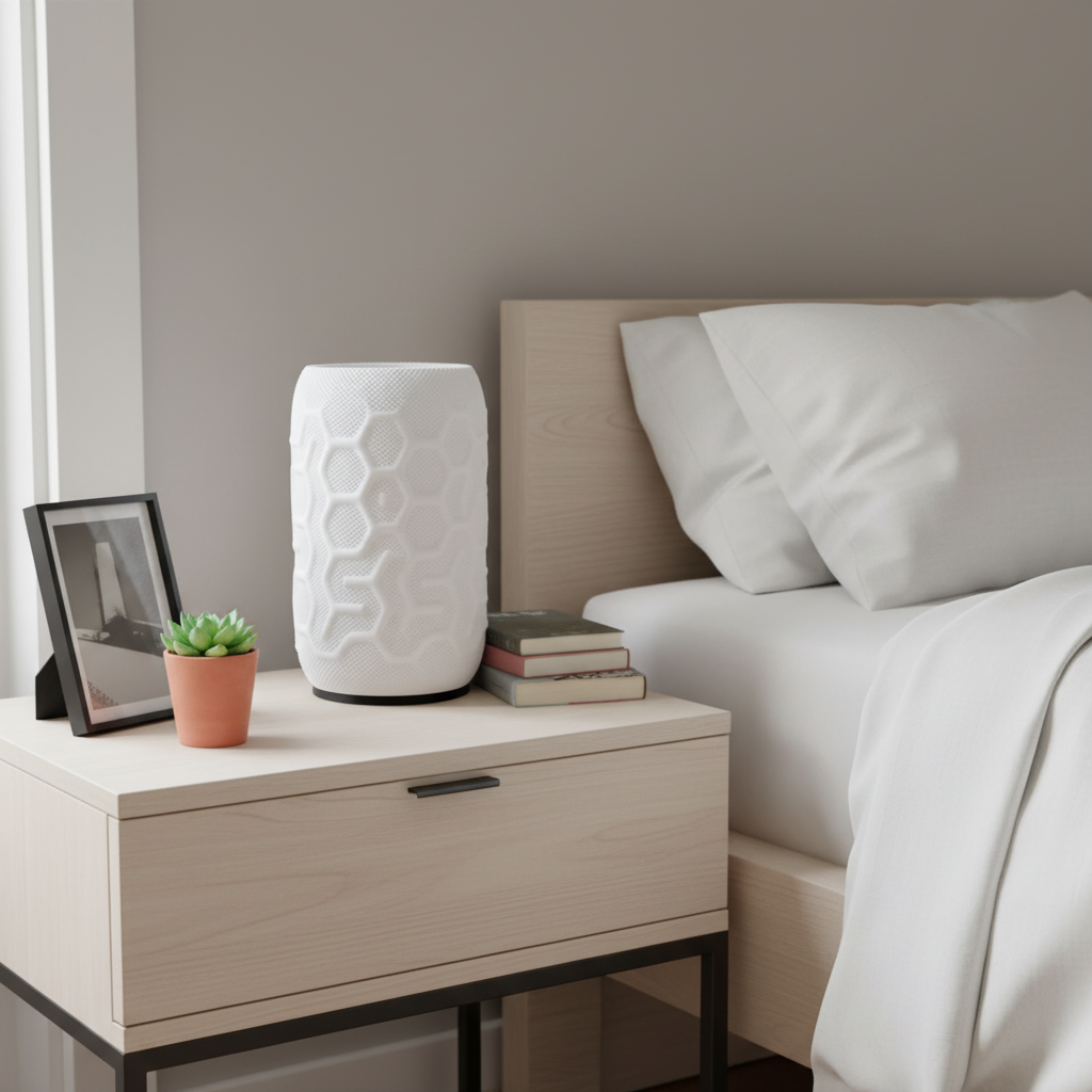 White textured nightstand lamp on a wooden nightstand next to a bed with white bedding.