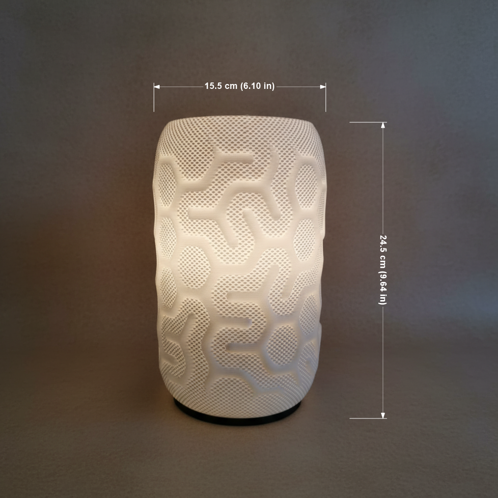 White textured cylindrical lamp with dimensions indicated on a dark background