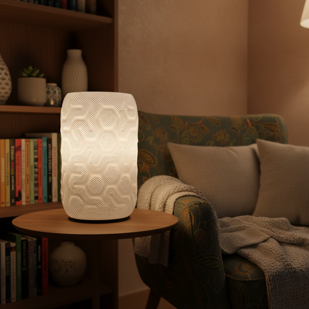 Decorative lamp on a side table in a cozy living room setting.