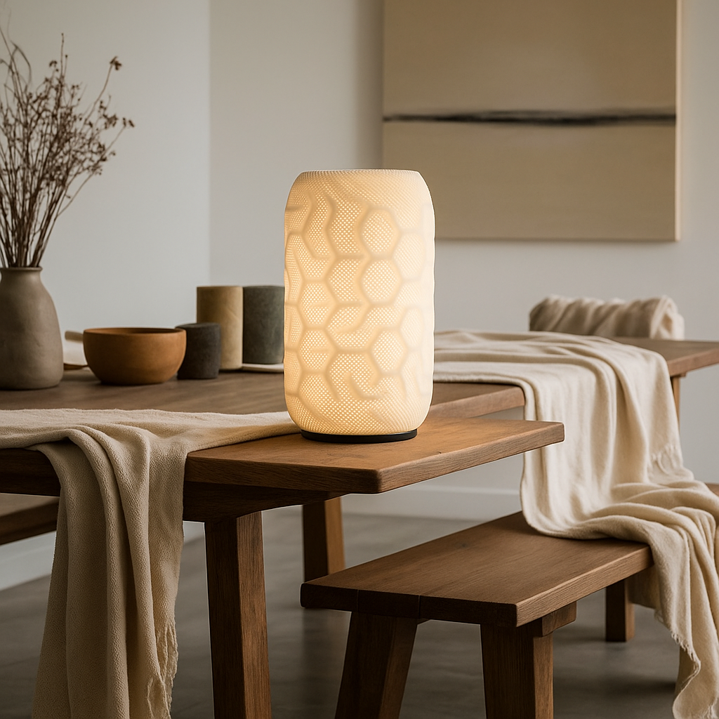 Textured table lamp on a wooden table with a cozy interior setting