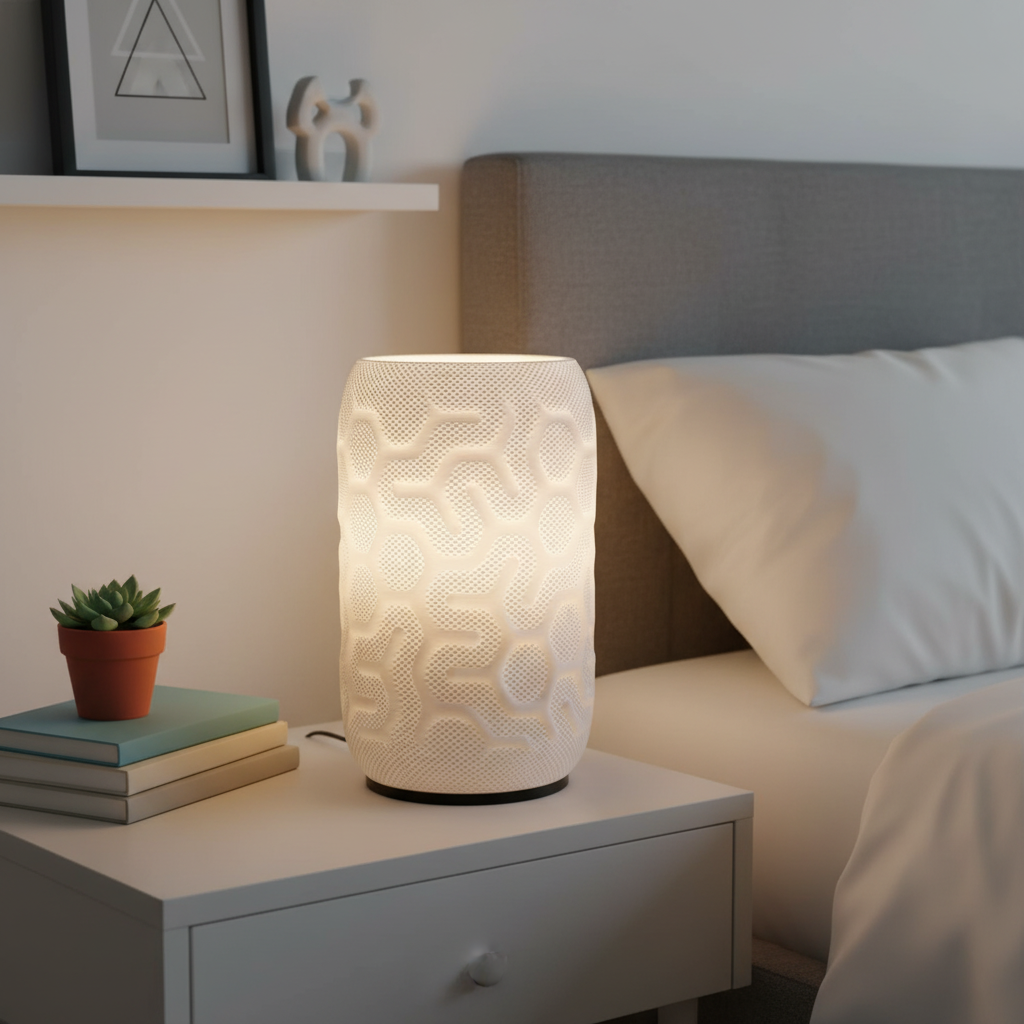 Decorative lamp on a nightstand next to a bed with pillows