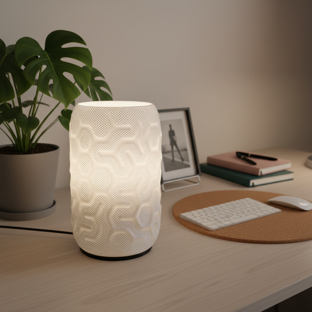 Decorative lamp on a coffee table in a living room setting with plants and a couch.