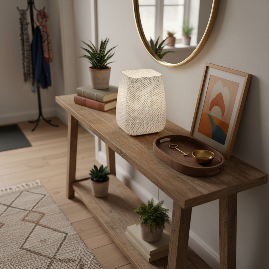 Wooden console table with decorative table lamp in a home setting