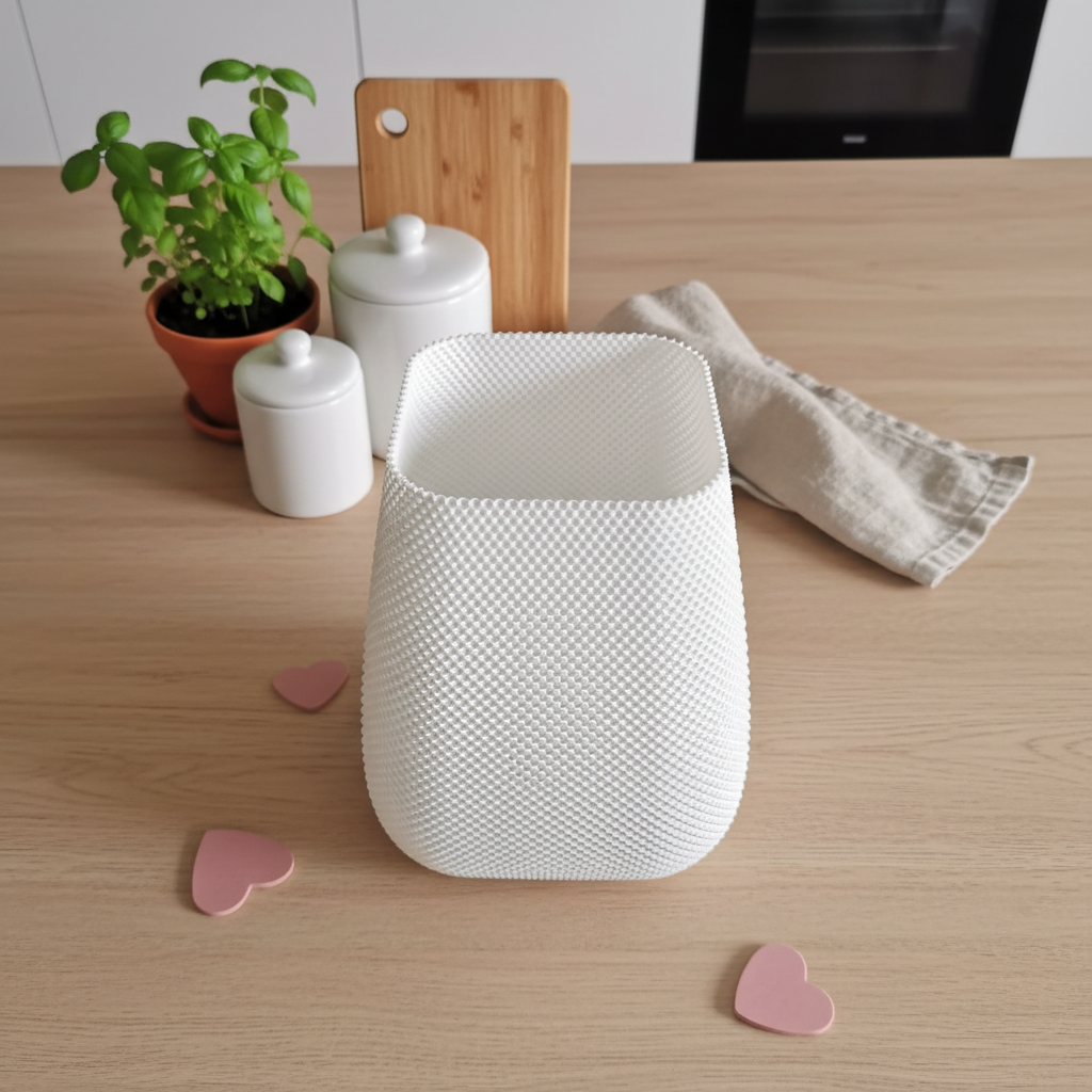 White textured table lamp on a wooden table with decorative items