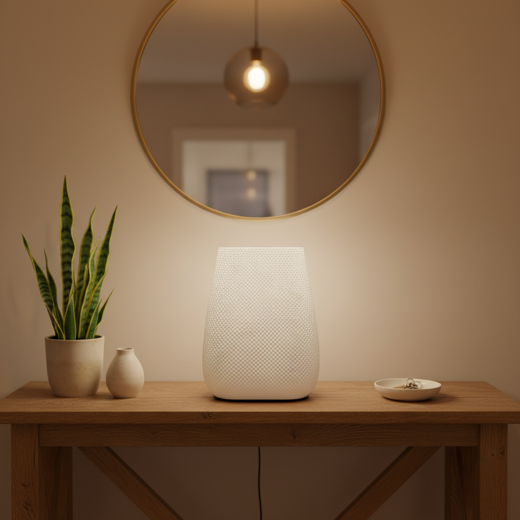 White textured table lamp on a wooden table with a plant and decorative items, warm lighting.