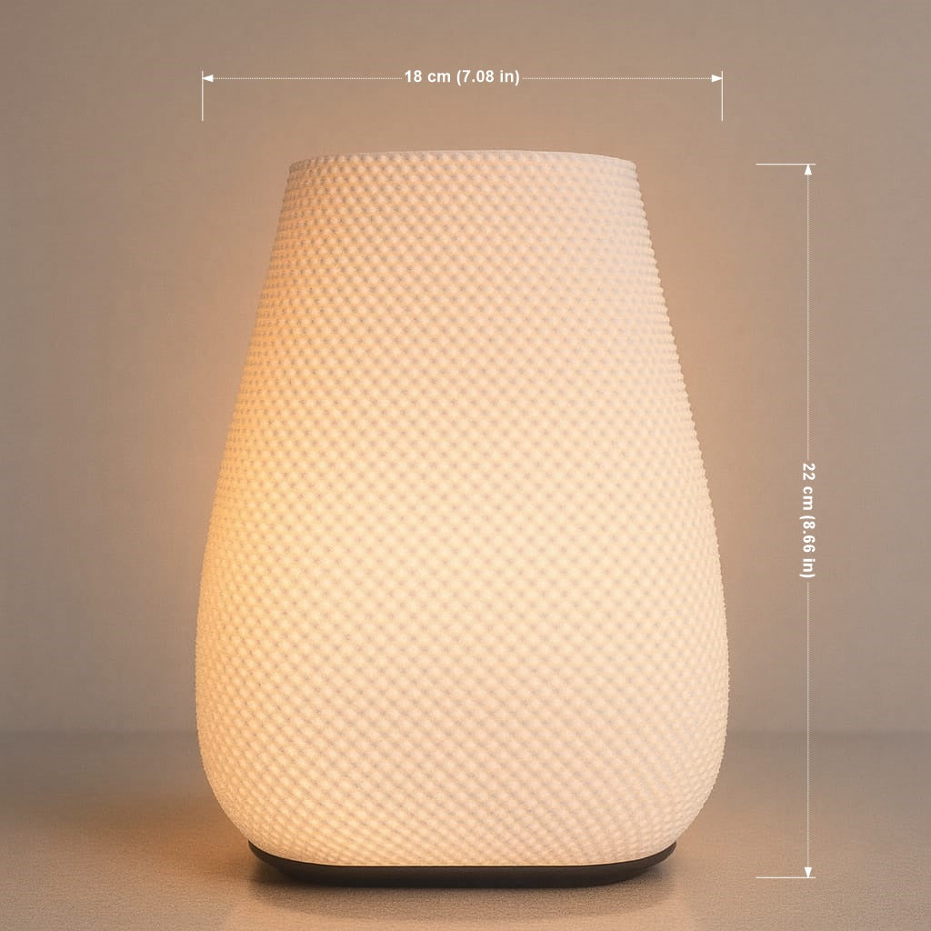 Textured modern bedside lamp with warm glow showing dimensions 22 cm high and 18 cm wide, minimalist ambient lighting design