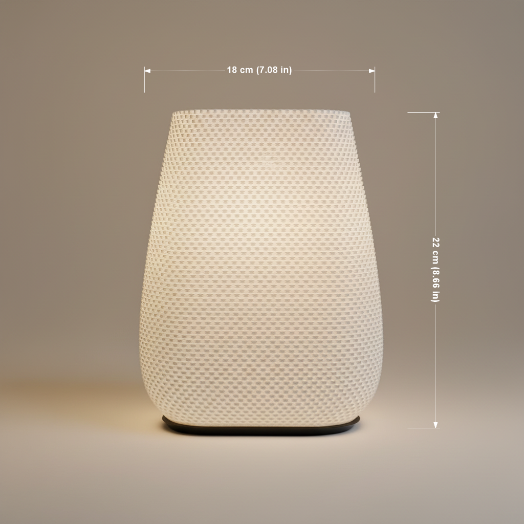 White textured table lamp with dimensions on a beige background