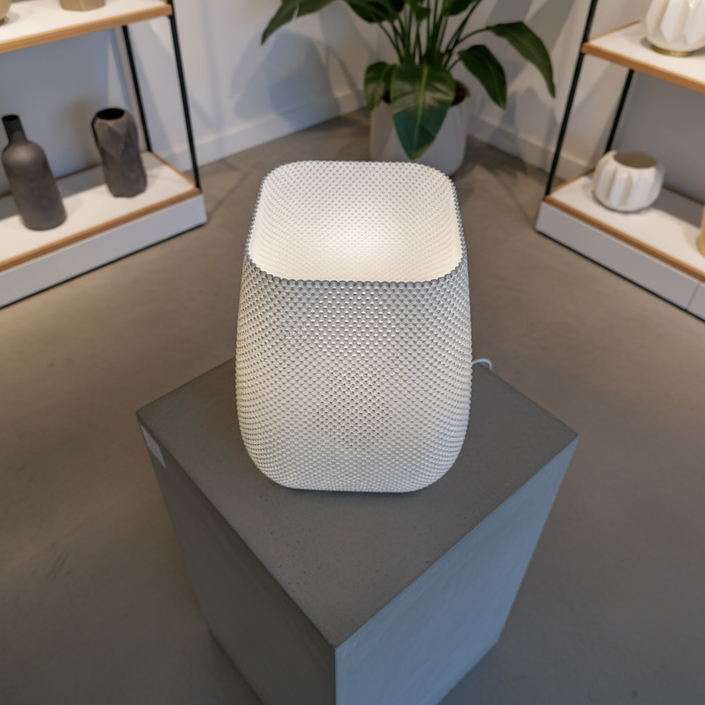 Modern white lamp with textured design on a gray surface, with a blurred indoor setting in the background.