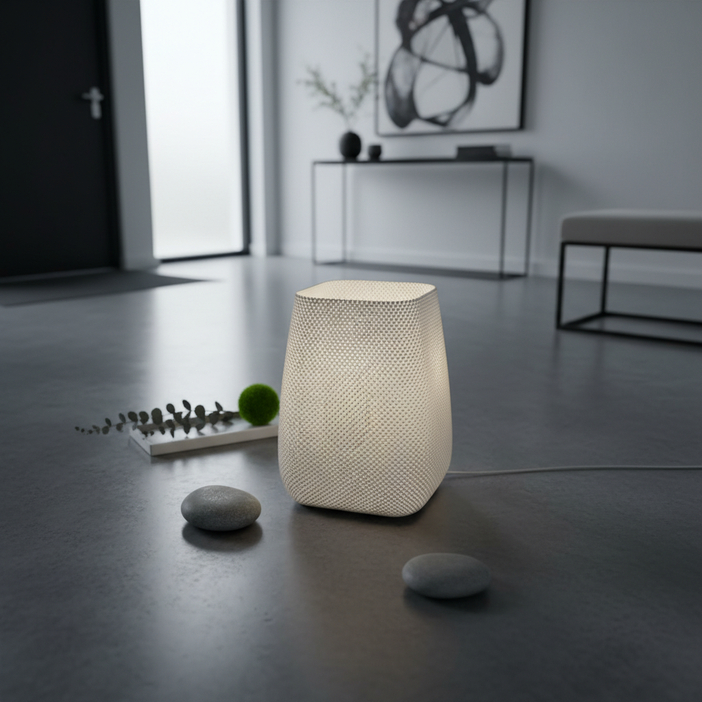 Modern table lamp with woven design in a minimalistic room