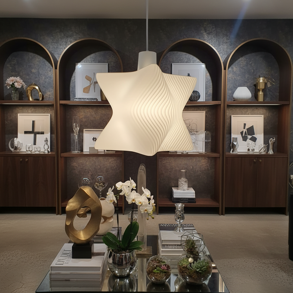 Modern white pendant lamp suspended above a styled living room table with decorative objects and shelving backdrop.