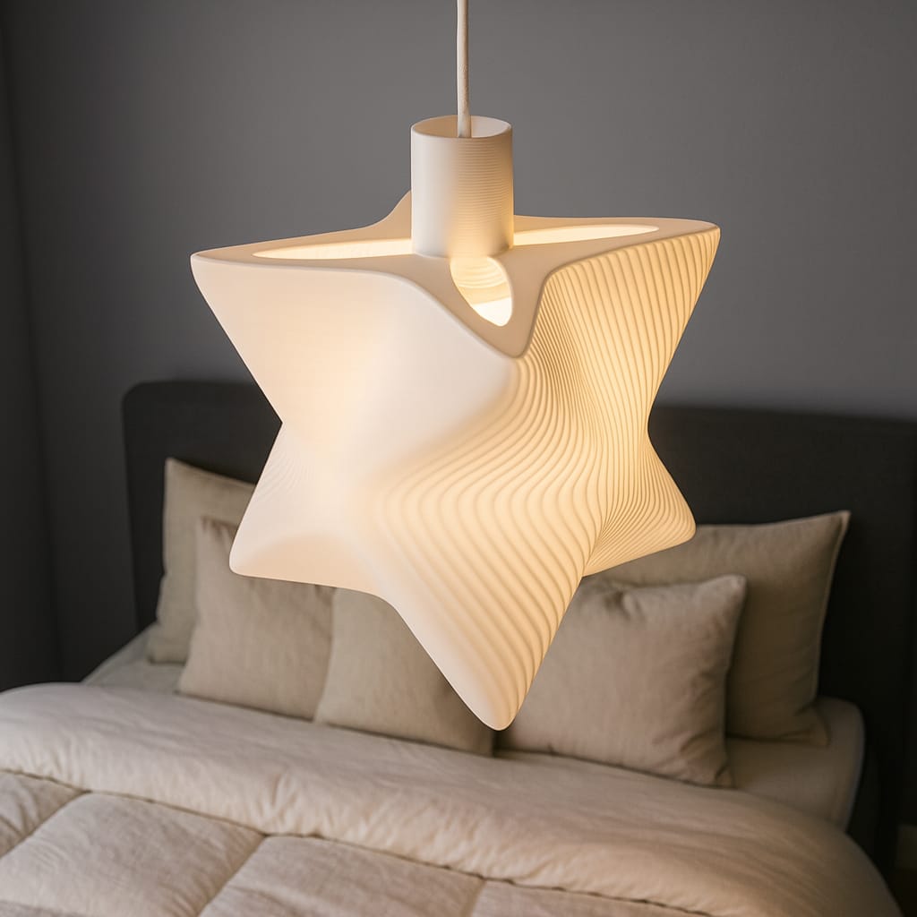 Star-shaped pendant light hanging above a bed with neutral bedding.
