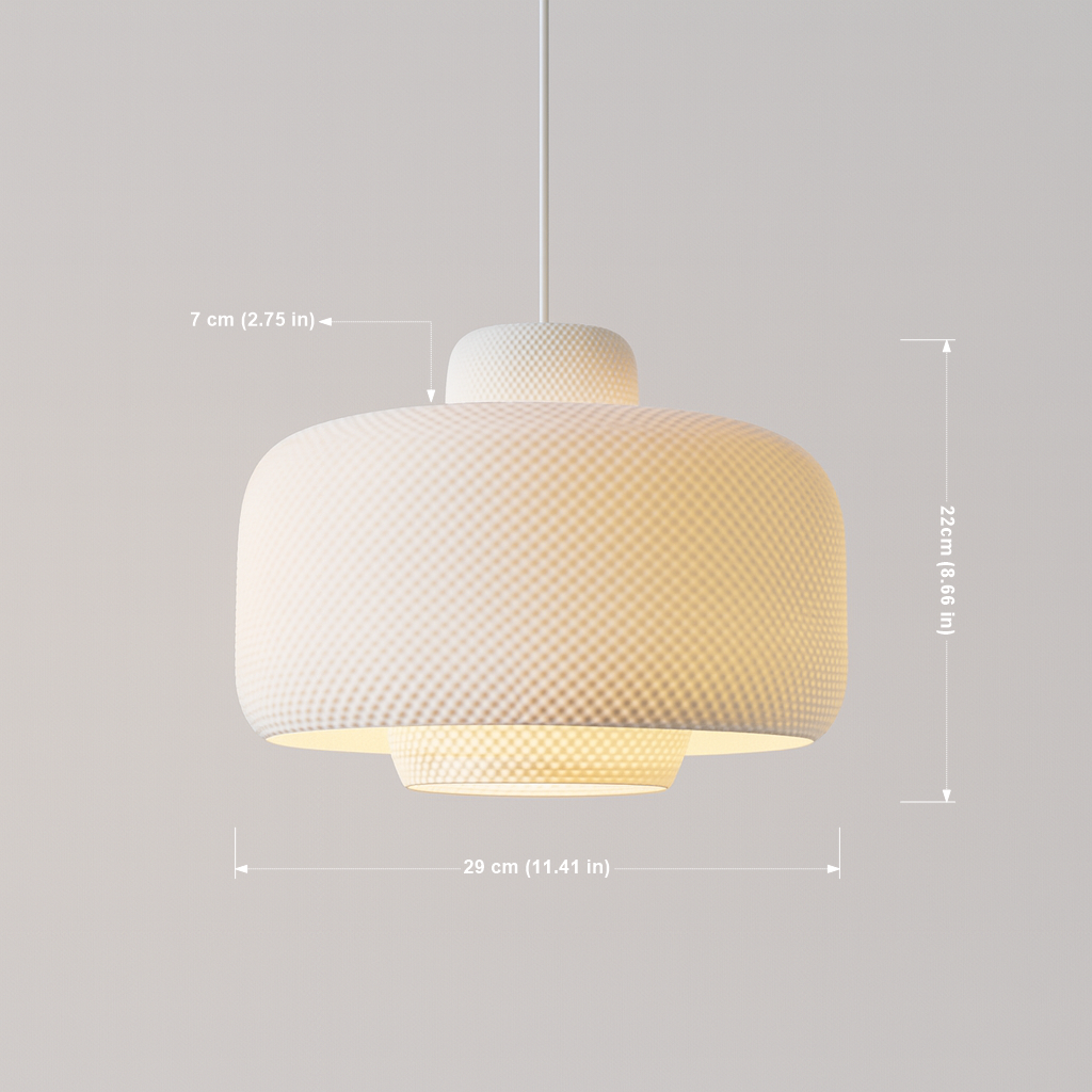 White textured pendant light with dimensions on a gray background