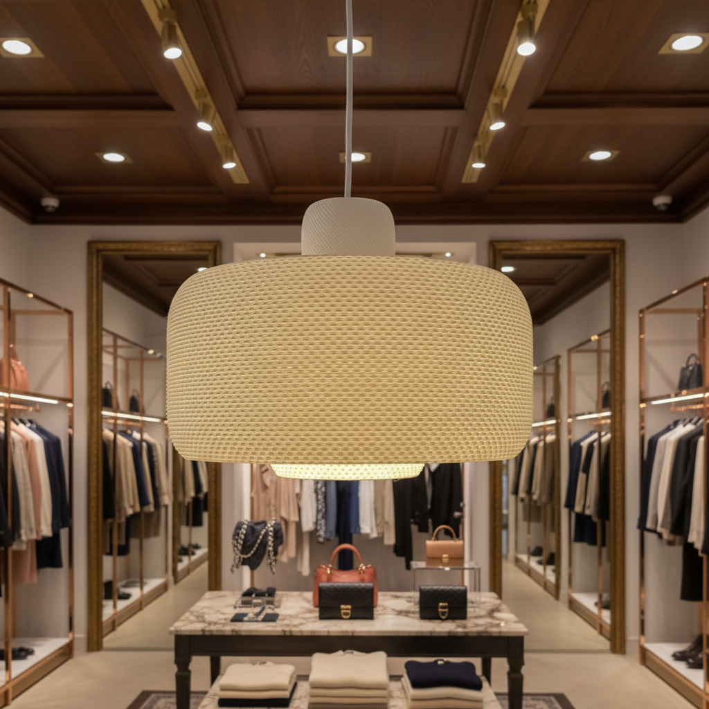 Beige woven pendant lamp hanging centrally in a luxury clothing boutique with wood-paneled ceiling and display lighting.