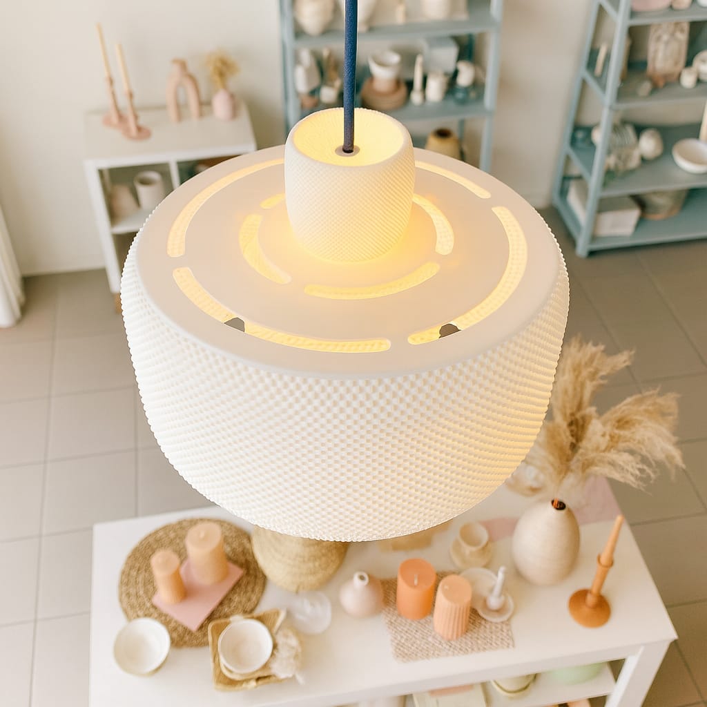 White textured pendant light on a table with decorative items in a room setting