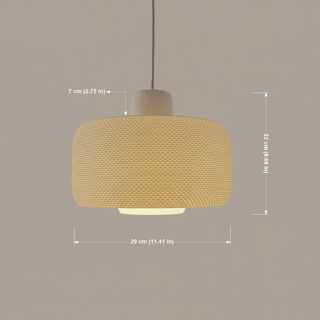 Dimensions of a beige designer pendant lamp shown against a clean light brown–gray background.