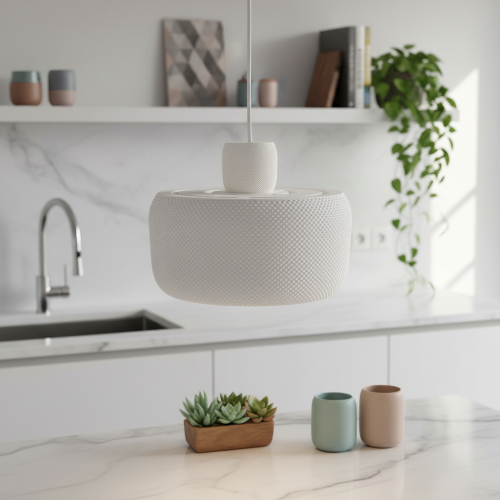 Modern white pendant lamp suspended above a minimalist kitchen with marble countertop and decorative plants.