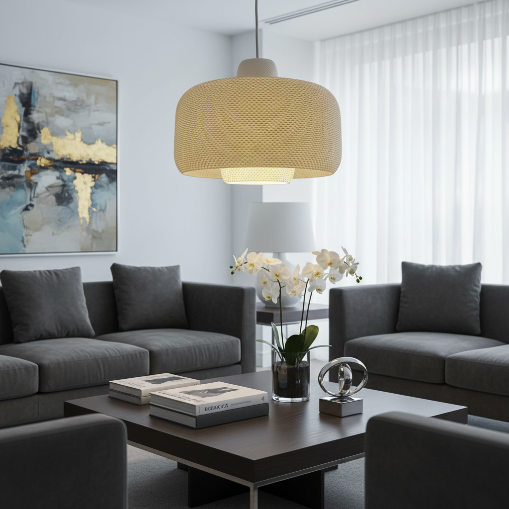 Beige pendant lamp above a contemporary living area with gray sofas and a coffee table with decorative objects.