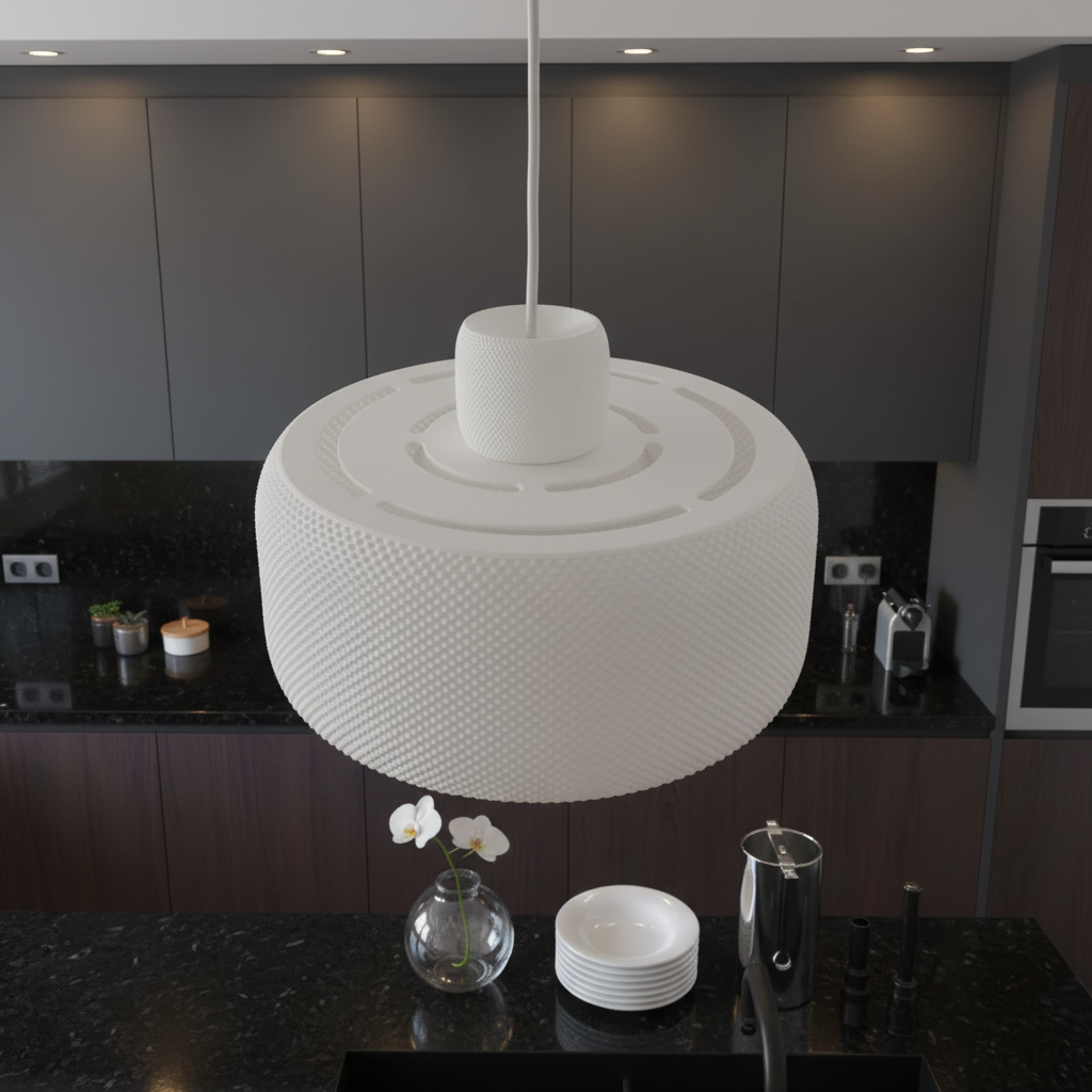 Close-up view of a white designer pendant lamp above a luxury kitchen with dark materials and minimalist styling.