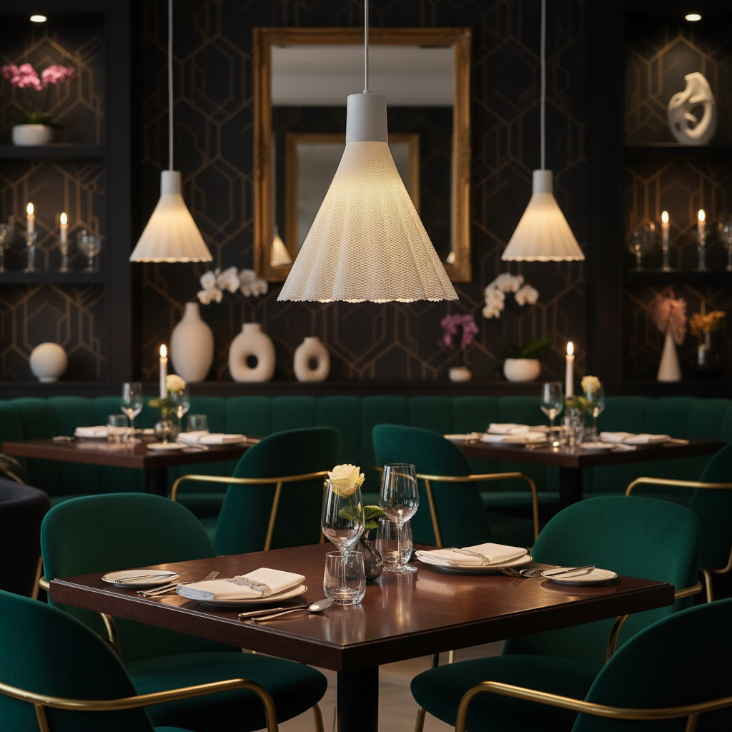 Woven white pendant lamp hanging above a set dining table in an elegant restaurant with green velvet chairs and warm ambient lighting.
