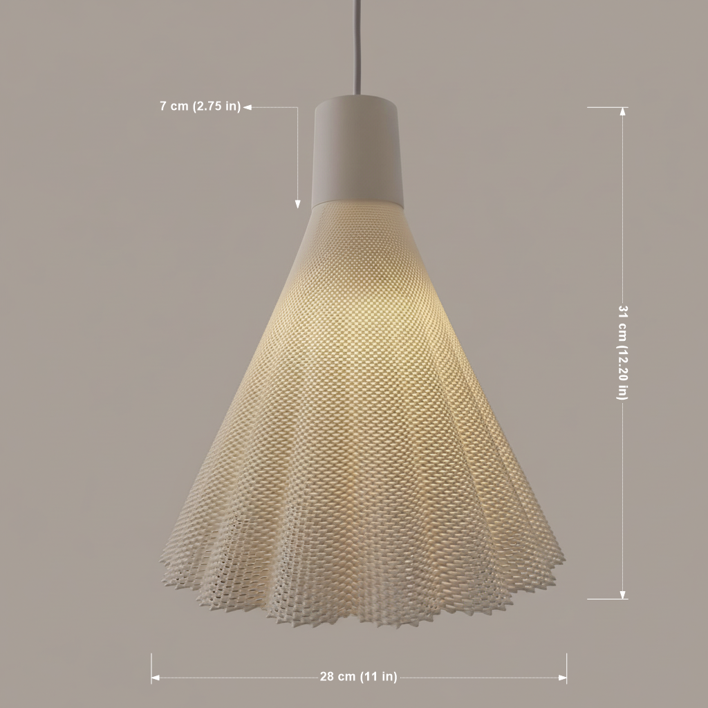 Close-up of a white woven pendant lamp with visible dimensions, showing a flared shade shape and textured mesh design.