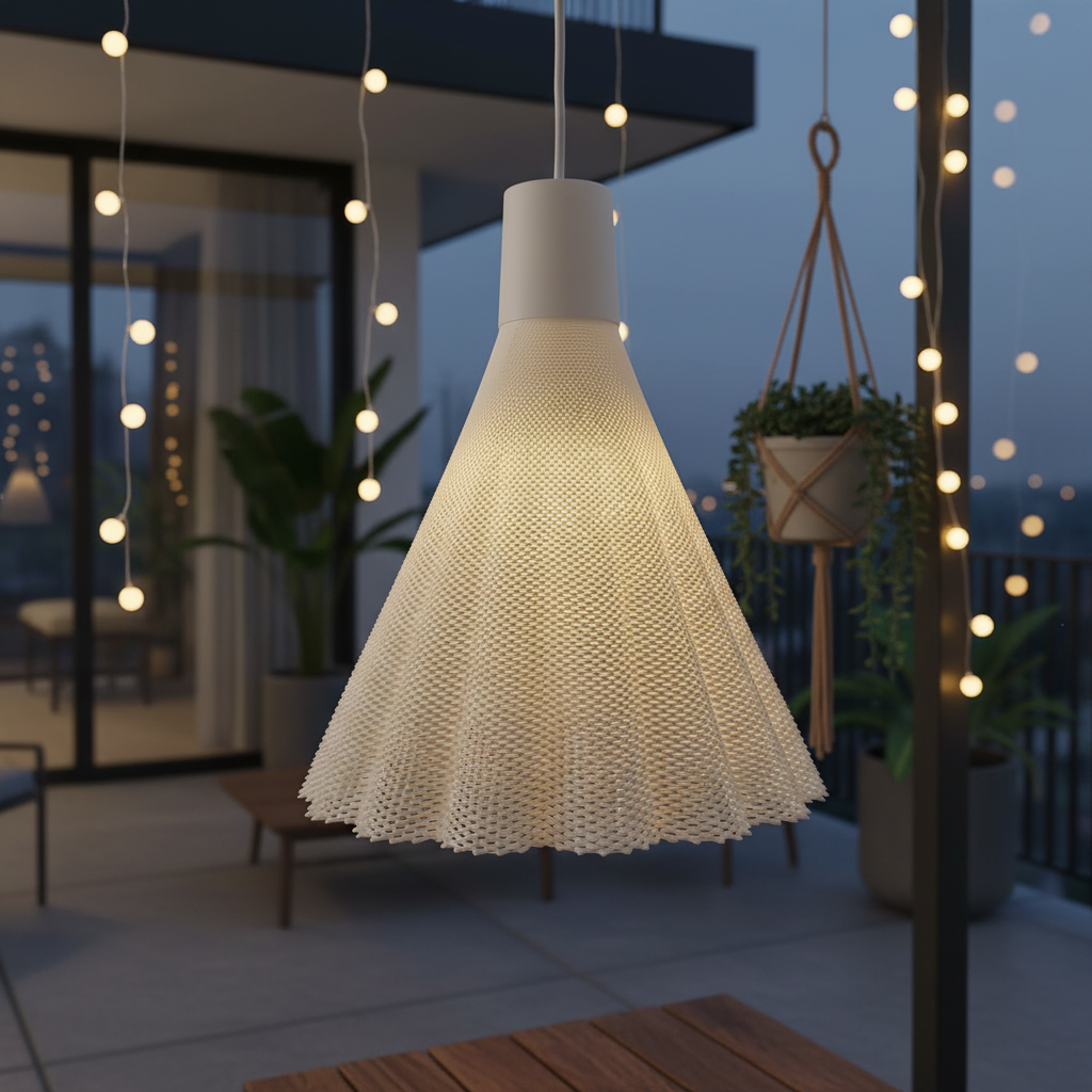 Illuminated white woven pendant lamp hanging outdoors on a covered terrace at dusk, surrounded by string lights and plants.