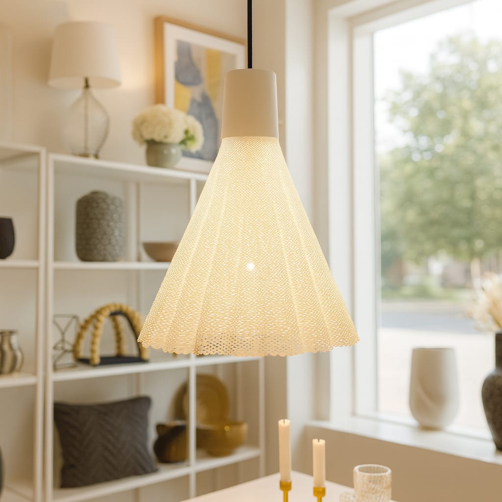 Pendant light hanging in a room with decor elements