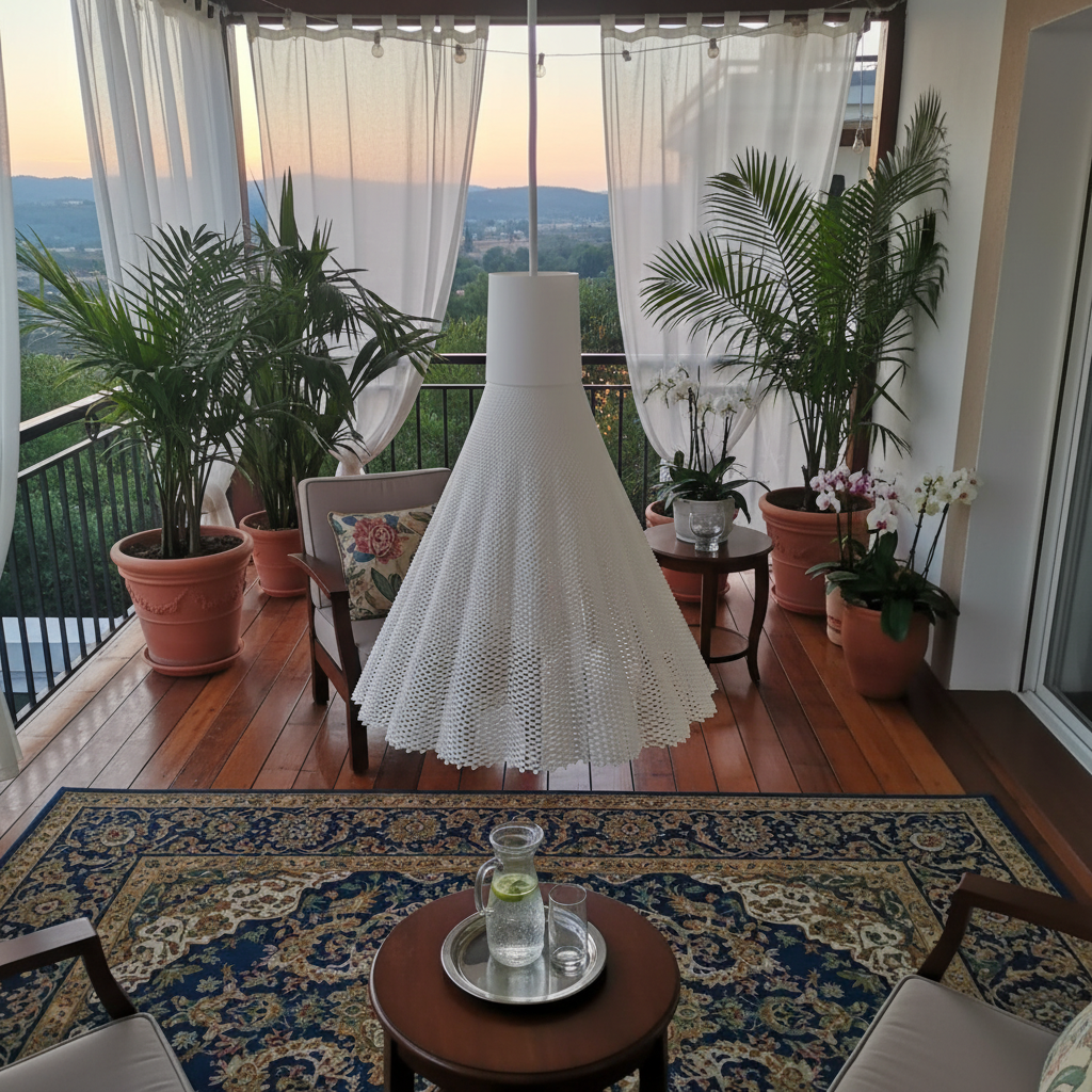 White woven pendant light centered on a covered balcony seating area with plants, curtains, and a scenic outdoor view.