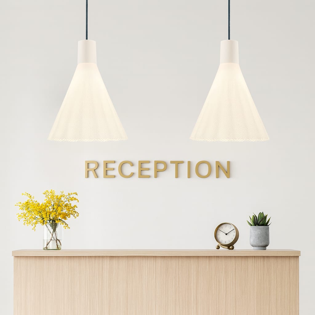 Reception desk with 'RECEPTION' sign, decorative elements, and pendant lights.