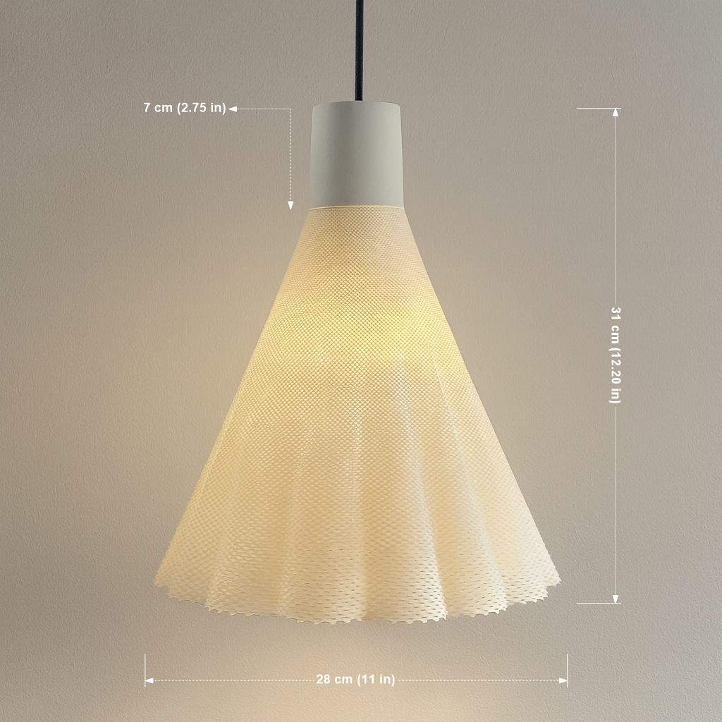 Pendant light with dimensions indicated on a neutral background