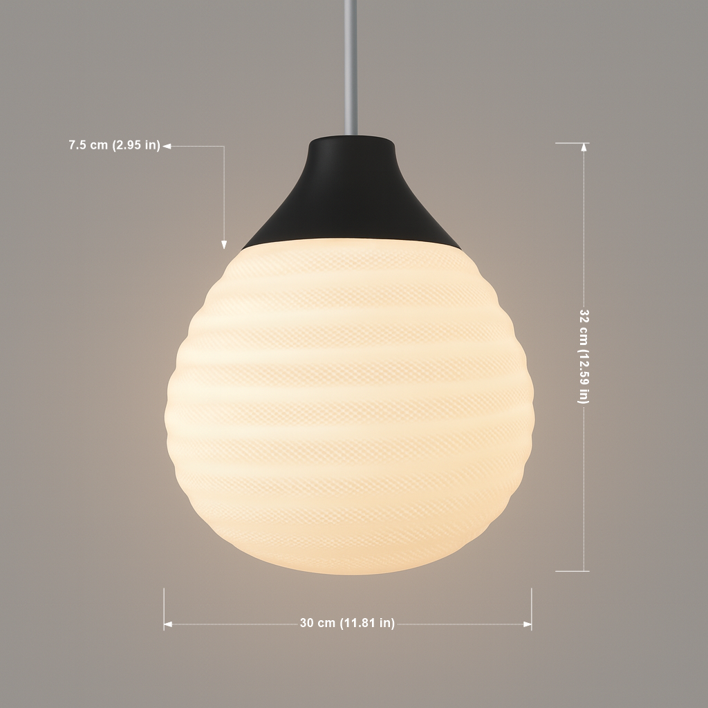 Pendant light with dimensions indicated on a gray background