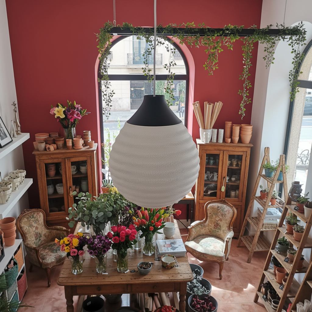 Beige design pendant lamp with a textured surface, used in a stylish retail space.