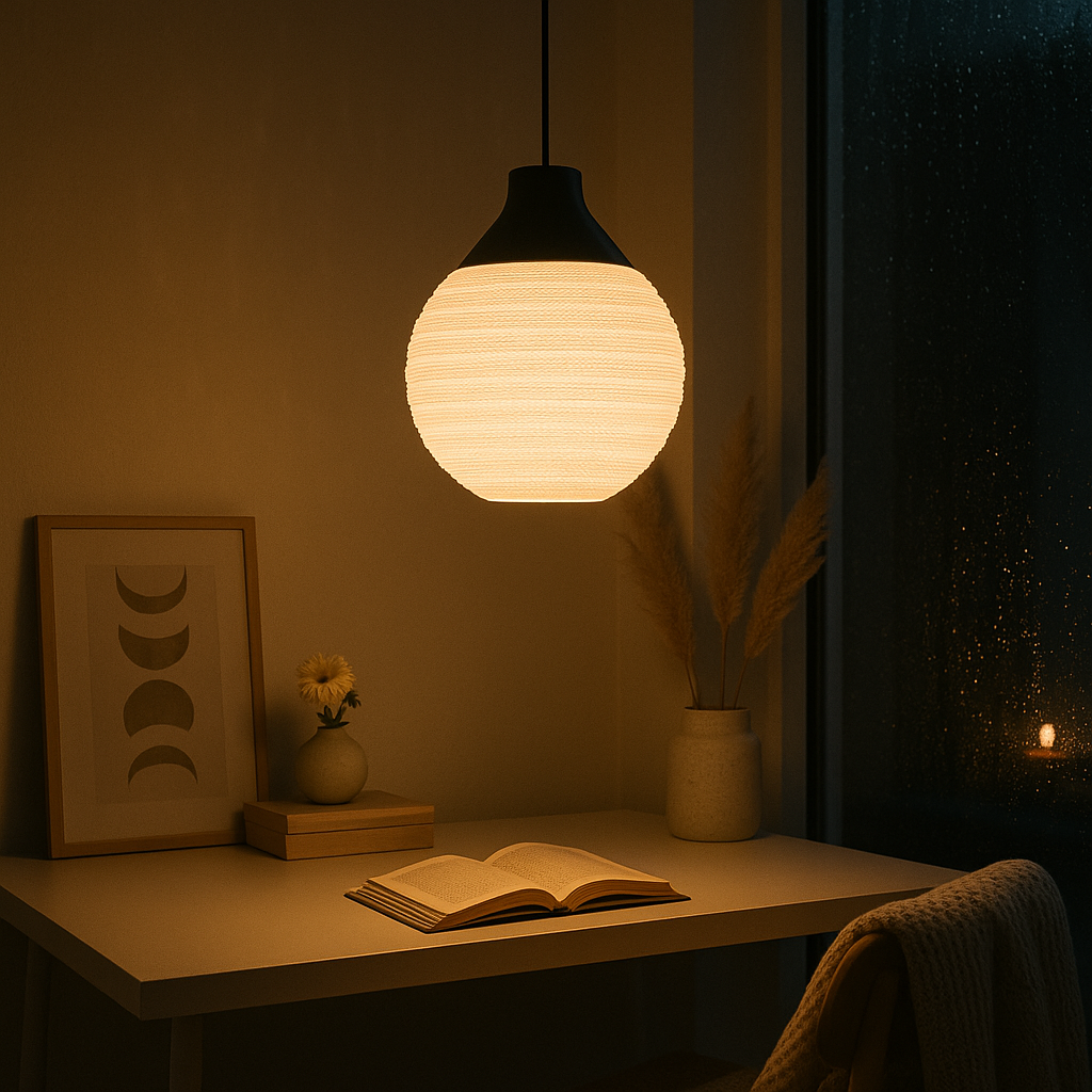 Lampshade on a table with an open book, framed picture, and vase in a dimly lit room.