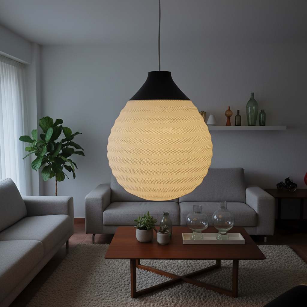 Pendant lamp with beige textile texture and black shade, casting warm light above a modern seating area.