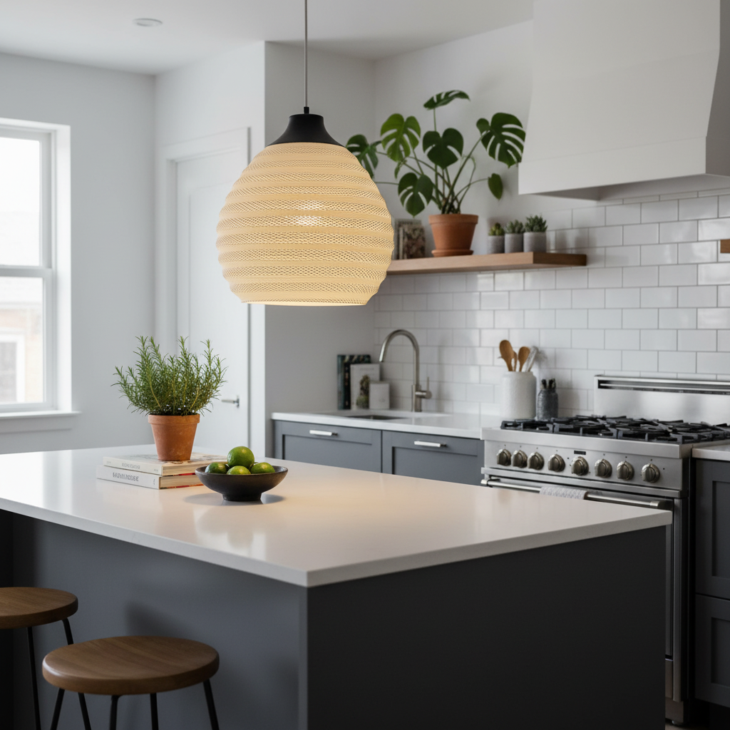 Modern pendant lamp with a softly light-diffusing shade above a kitchen island.