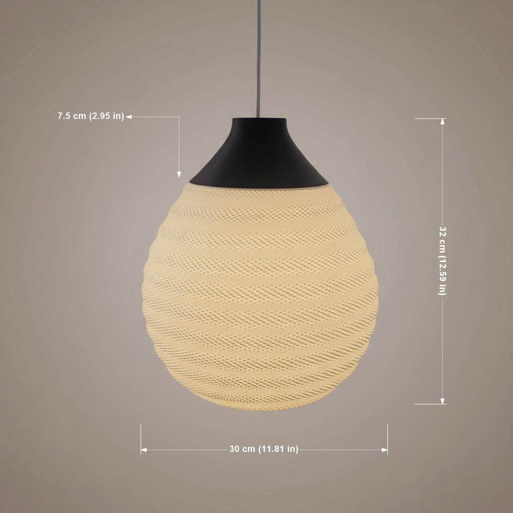 Close-up of a modern pendant lamp with a beige ribbed oval shade and black top, showing dimensions of 32 cm height, 30 cm diameter, and a 7.5 cm canopy.
