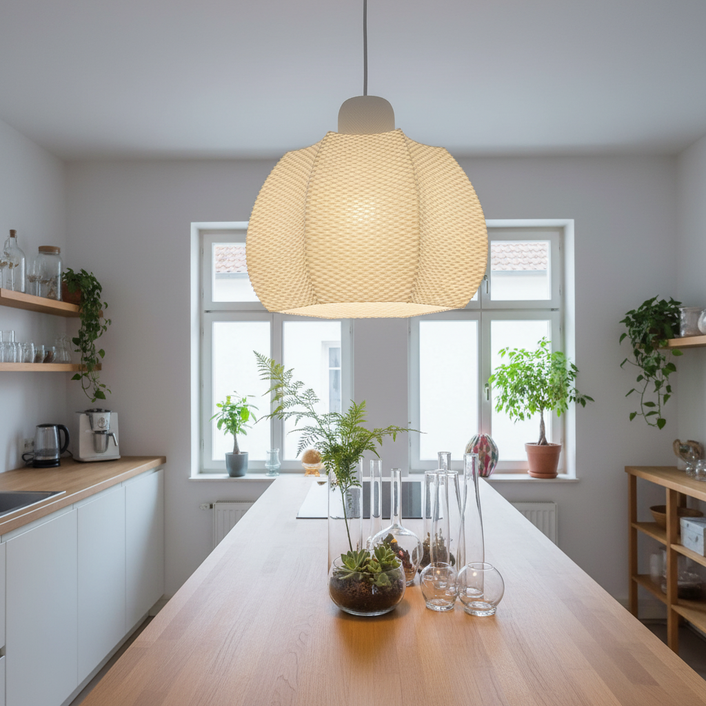 Natural fiber pendant light centered above a wooden kitchen island in a bright, minimalist kitchen with plants and shelves.