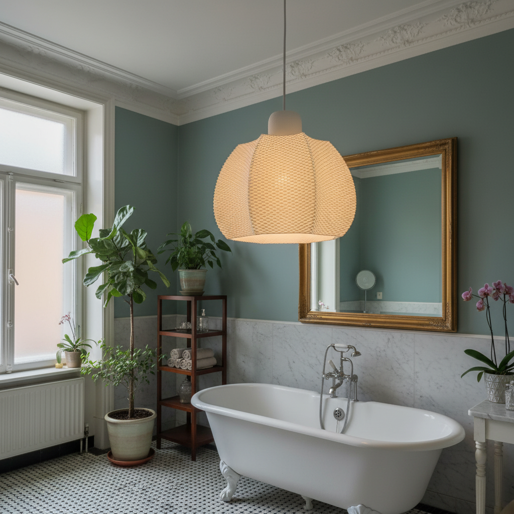 White sculptural pendant light hanging above a bathtub in a modern bathroom with glossy green tiles and brass fixtures.