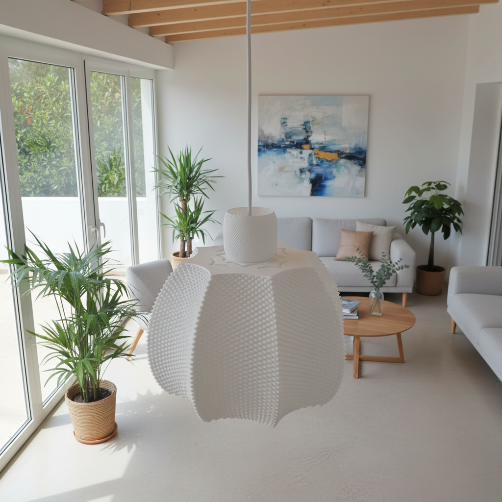 White textured pendant lamp hanging in a sunlit modern living room with large windows, light furniture, and indoor plants.
