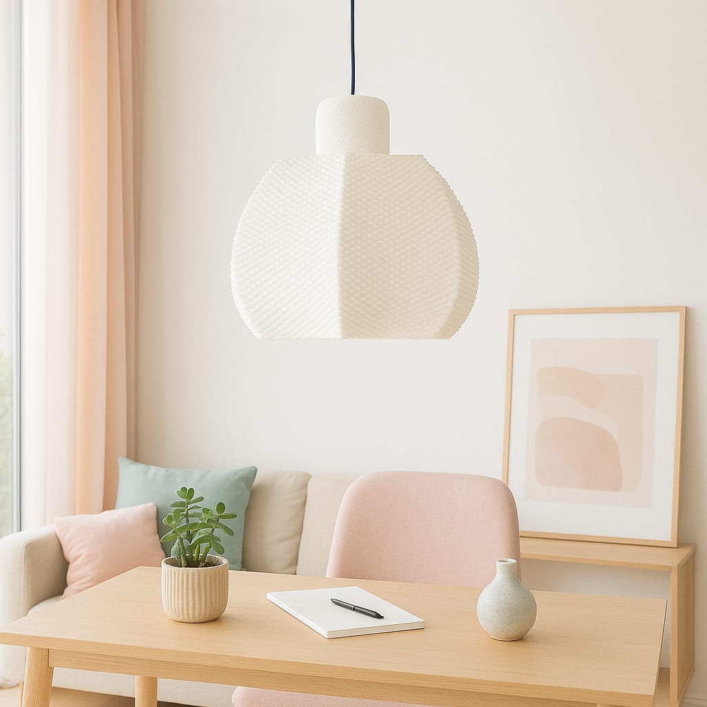 Modern living room with a pink chair, wooden table, and abstract art on the wall.