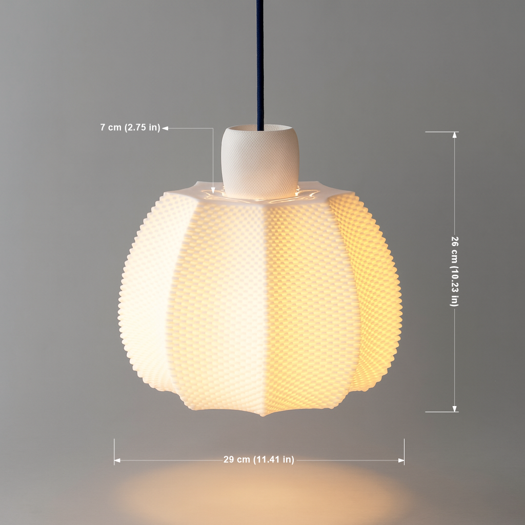 Pendant light with dimensions indicated on a gray background