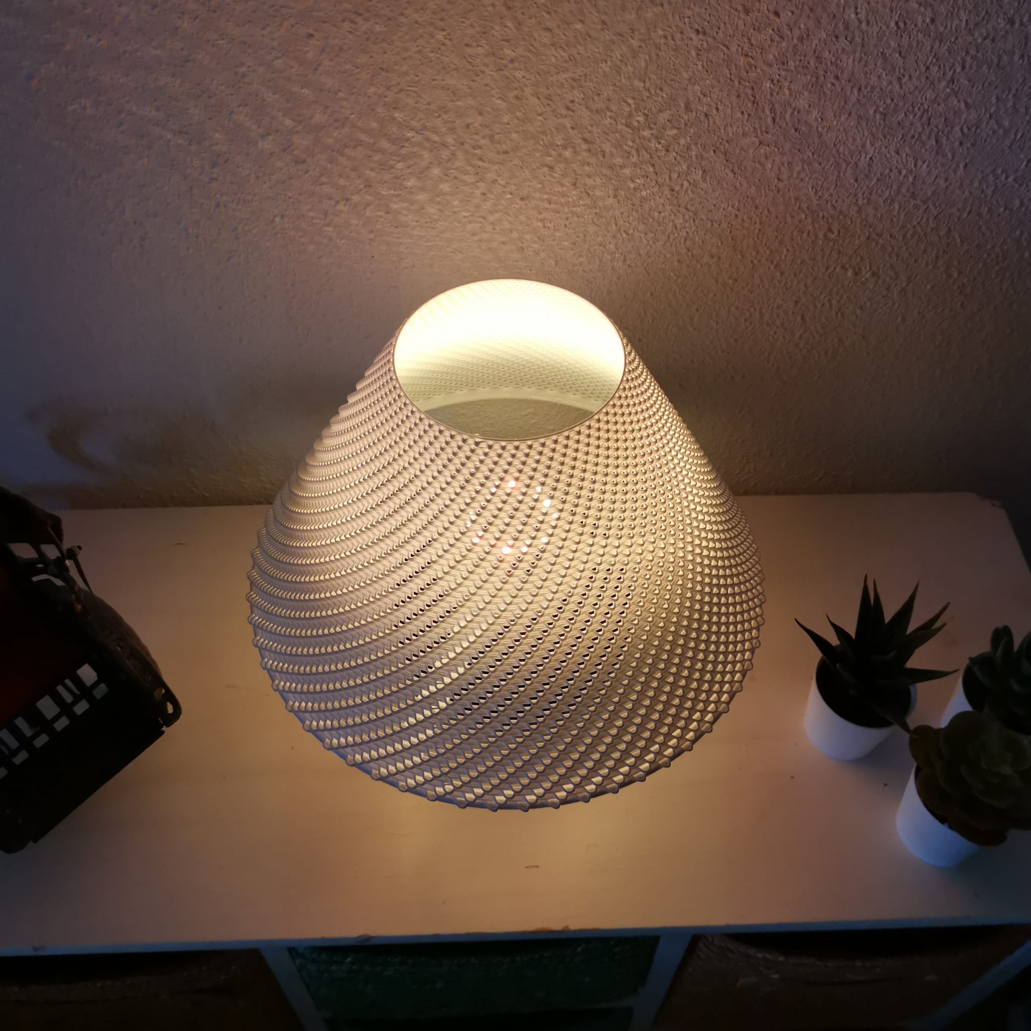 Decorative lamp with a textured design on a table next to potted plants.