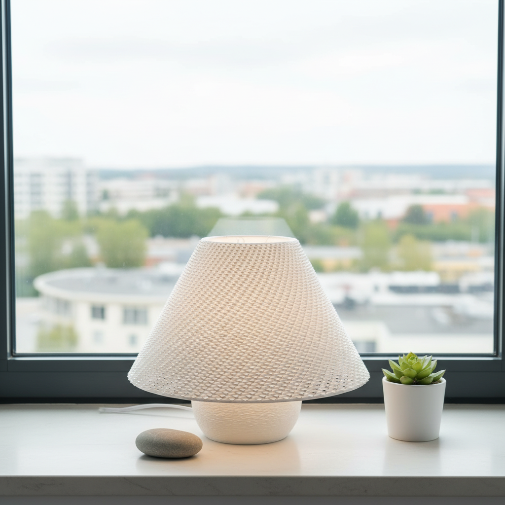 White textured table lamp on a windowsill with a view of buildings and greenery outside.