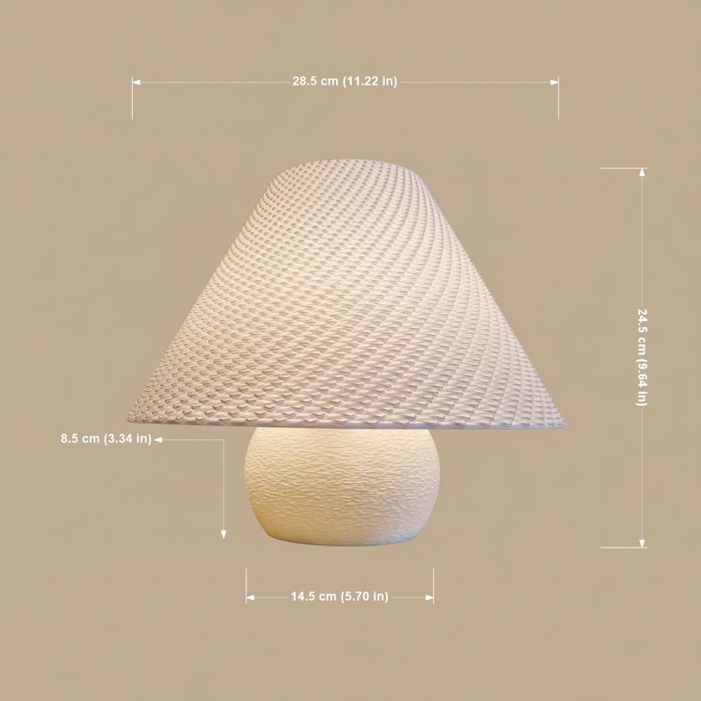 Lamp with textured shade and base, shown with dimensions on a beige background