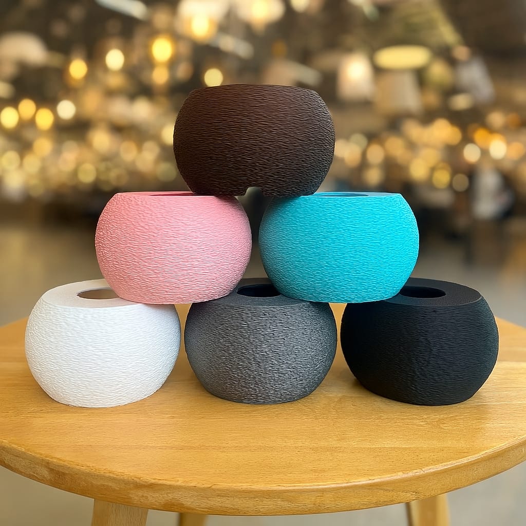 Colorful textured bases stacked on a wooden table with a blurred background