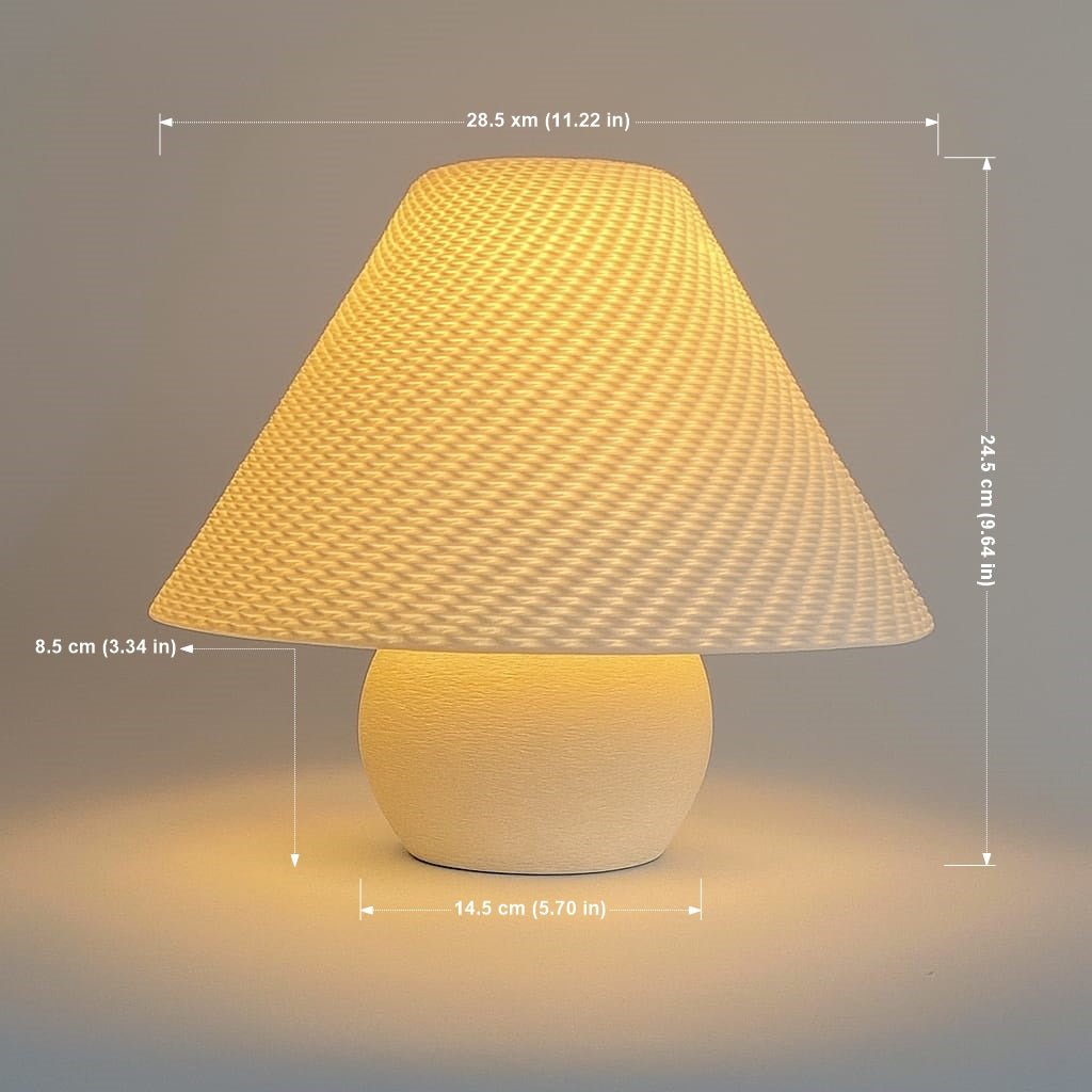 Table lamp with dimensions indicated on a gray background