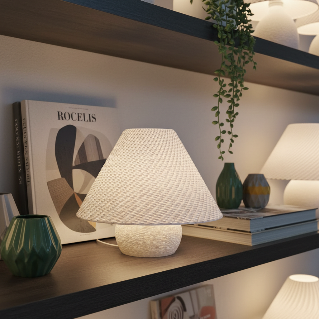 White textured table lamp on a shelf with decorative items