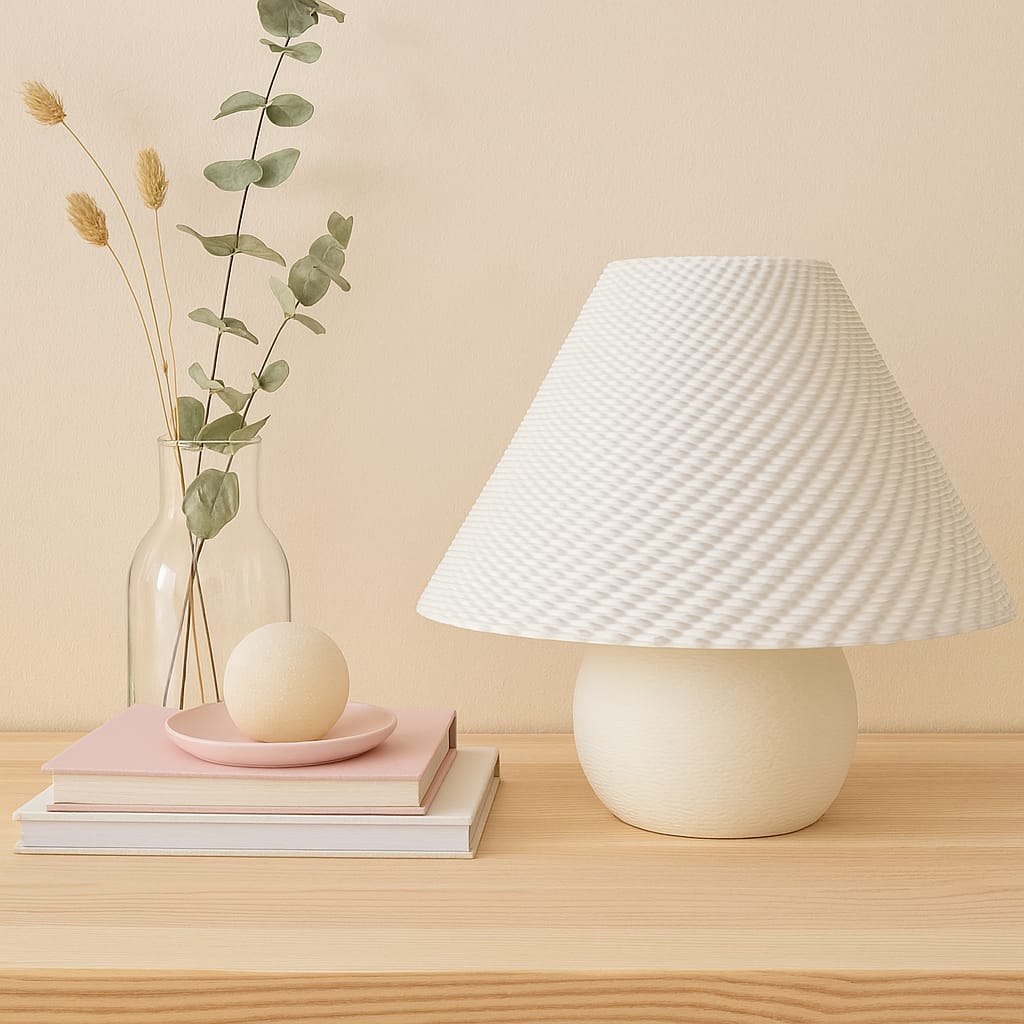 White textured lamp on a wooden surface with books and a vase containing greenery.