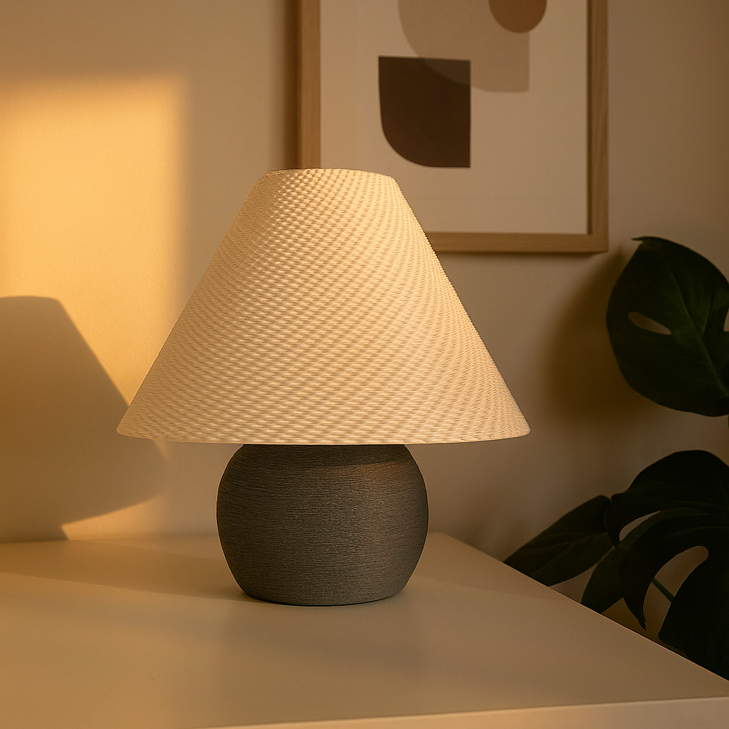Table lamp with textured shade on a surface, warm lighting in room.